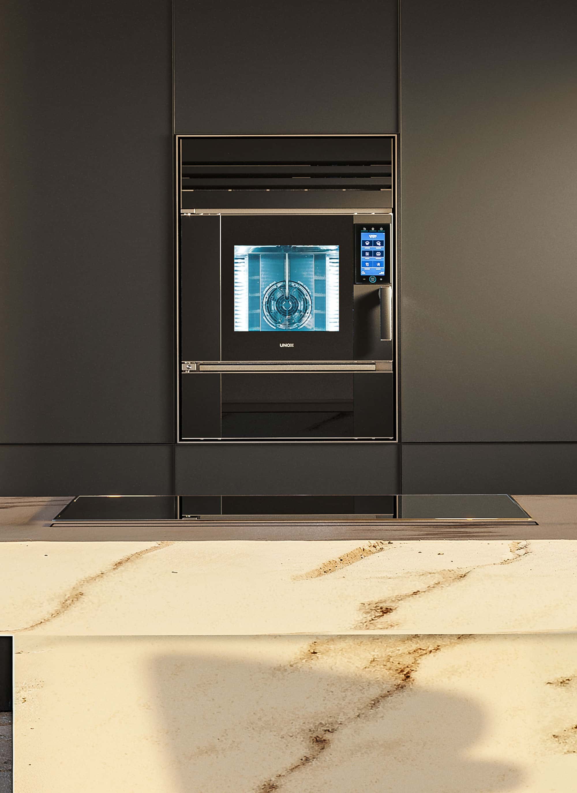 Unox Casa SuperOven Model 1S - Mat siyah kaplamalı, modern İtalyan stiline sahip kompakt lüks akıllı fırın
