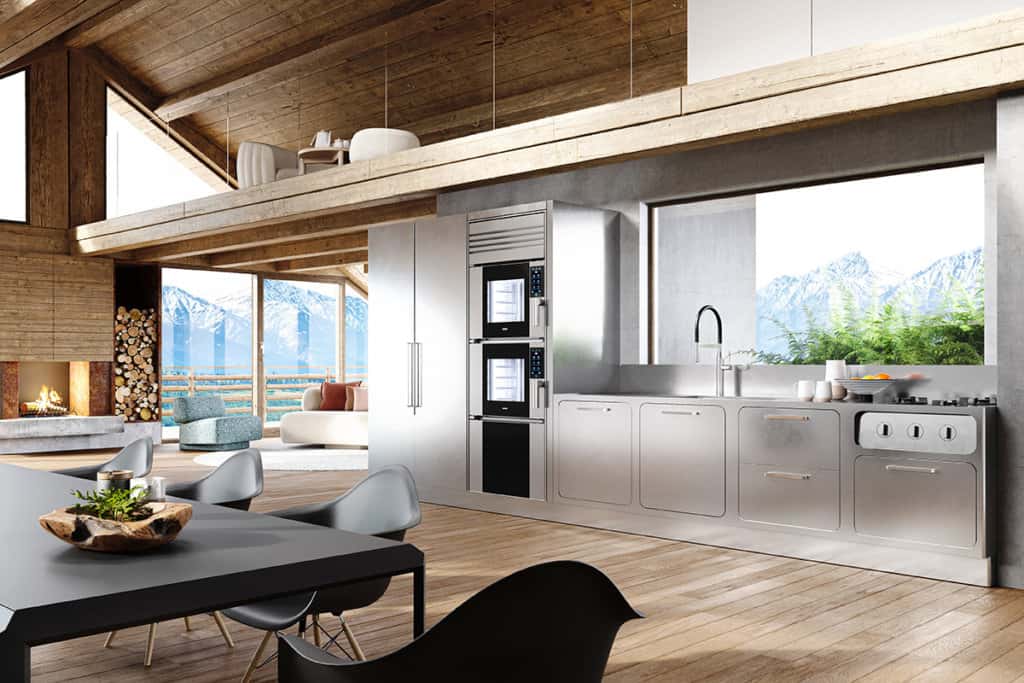 St. Moritz'teki şık bir dağ şaletinde Unox Casa Model 1 duvar fırını.