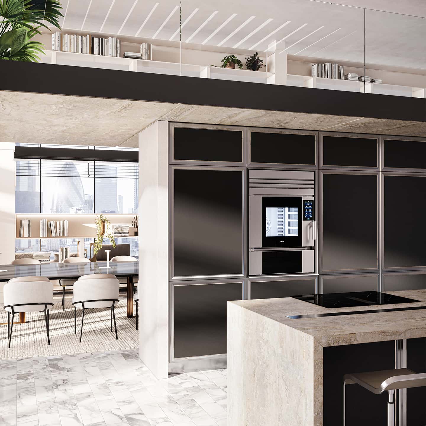 Londra'daki modern bir çatı katında, Unox Casa'nın SuperOven koleksiyonundan lüks entegre fırın bulunan tasarım mutfak.