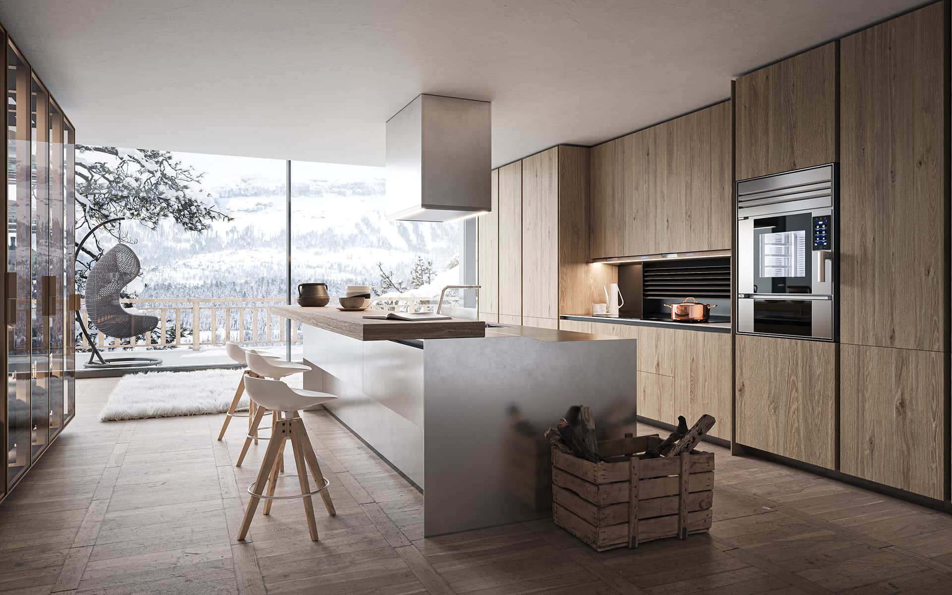 Cortina D'Ampezzo'daki bir dağ şaletinin lüks mutfakında Unox Casa akıllı fırını.