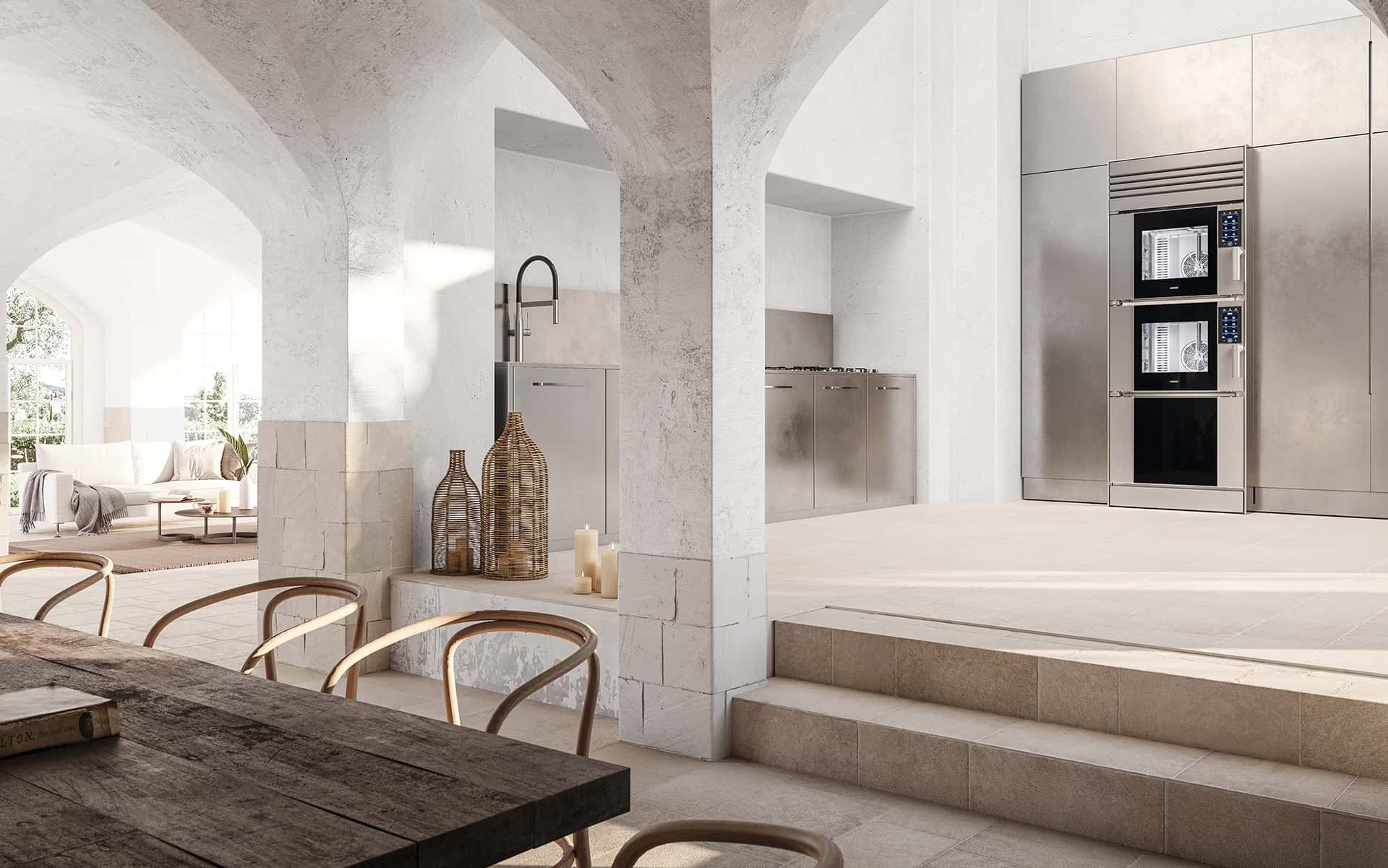 Itria Vadisi'nde Unox Casa Model 1 duvar fırını bulunan şık bir kır evi mutfağı.