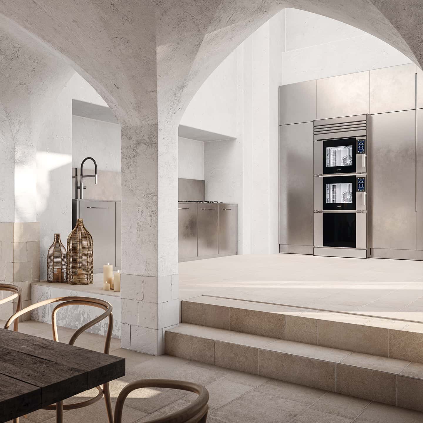 Itria Vadisi'nde Unox Casa Model 1 duvar fırını bulunan şık bir kır evi mutfağı.