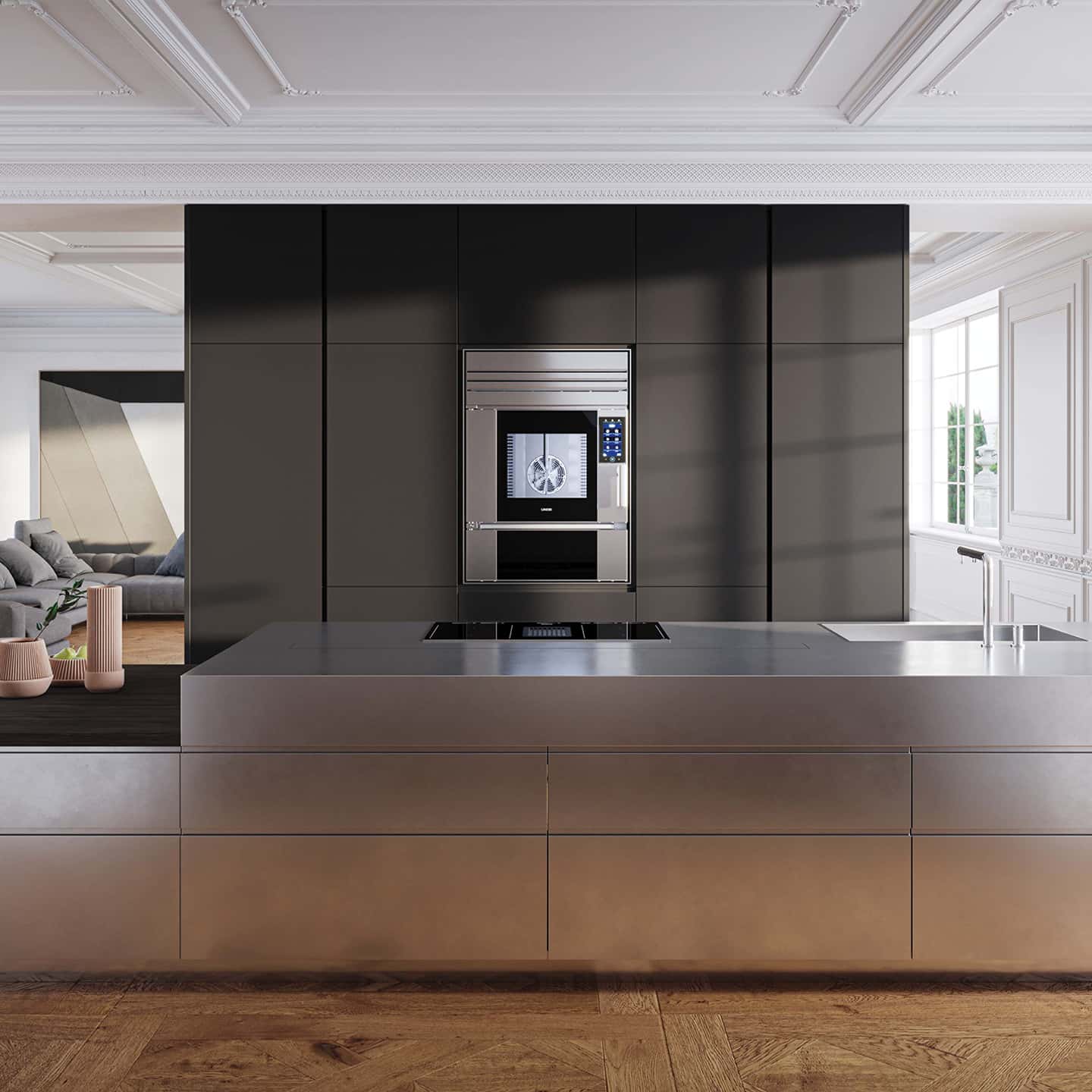 Paris'te Unox Casa SuperOven Model 1S entegre fırınına sahip tasarım mutfak.