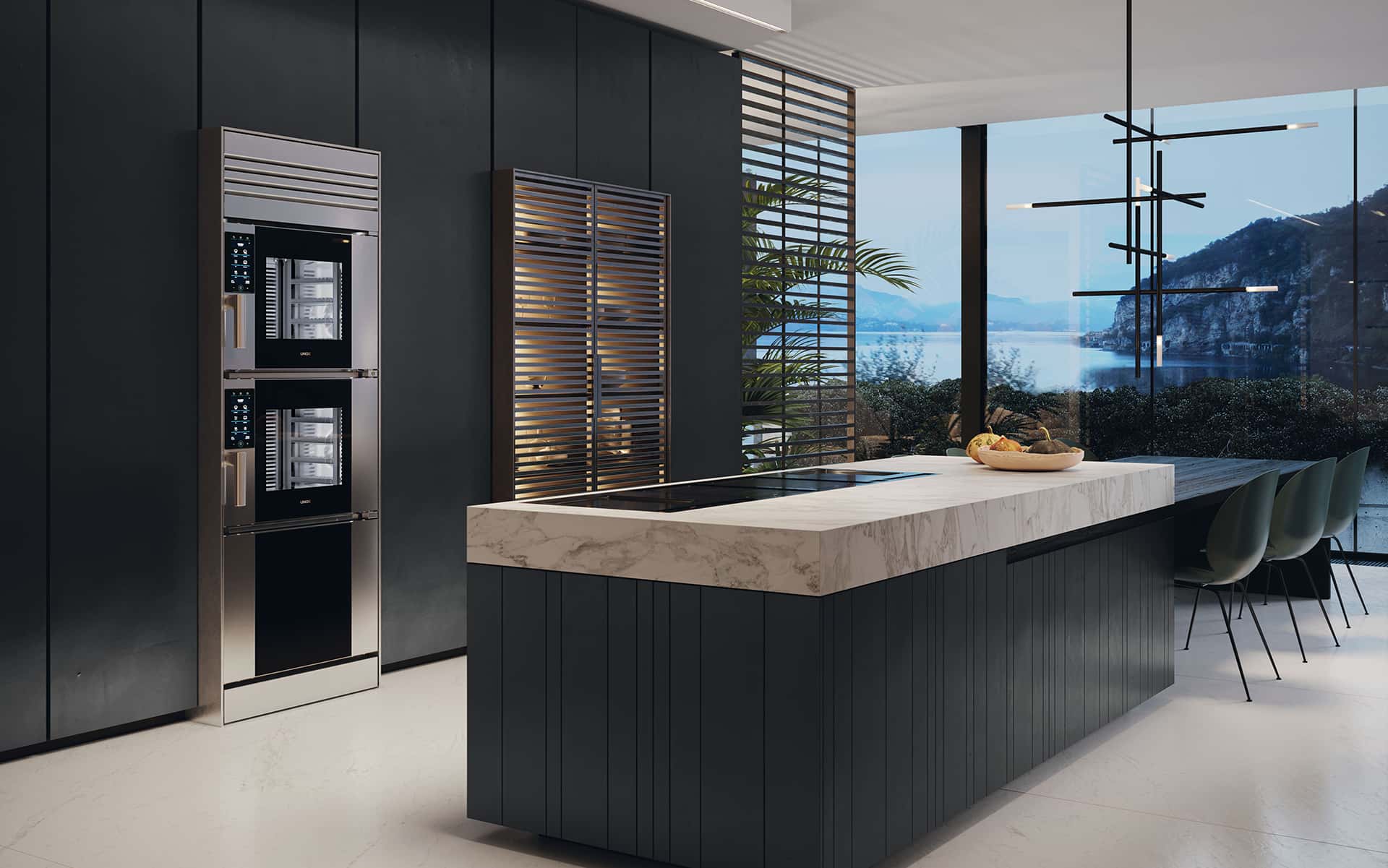 Unox Casa SuperOven Model 1 bağımsız fırın, Lago Maggiore manzaralı şık bir mutfakta